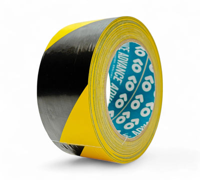 Black and yellow 48mm x 33m hazard tape rolls shown for marking restricted zones and workplace hazards