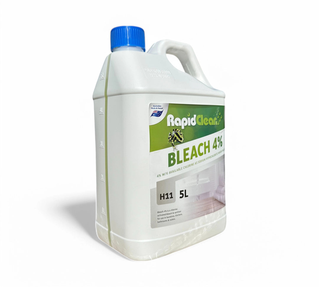 Bleach 5L shown in white bottle with handle for disinfecting surfaces in commercial kitchens and bathrooms