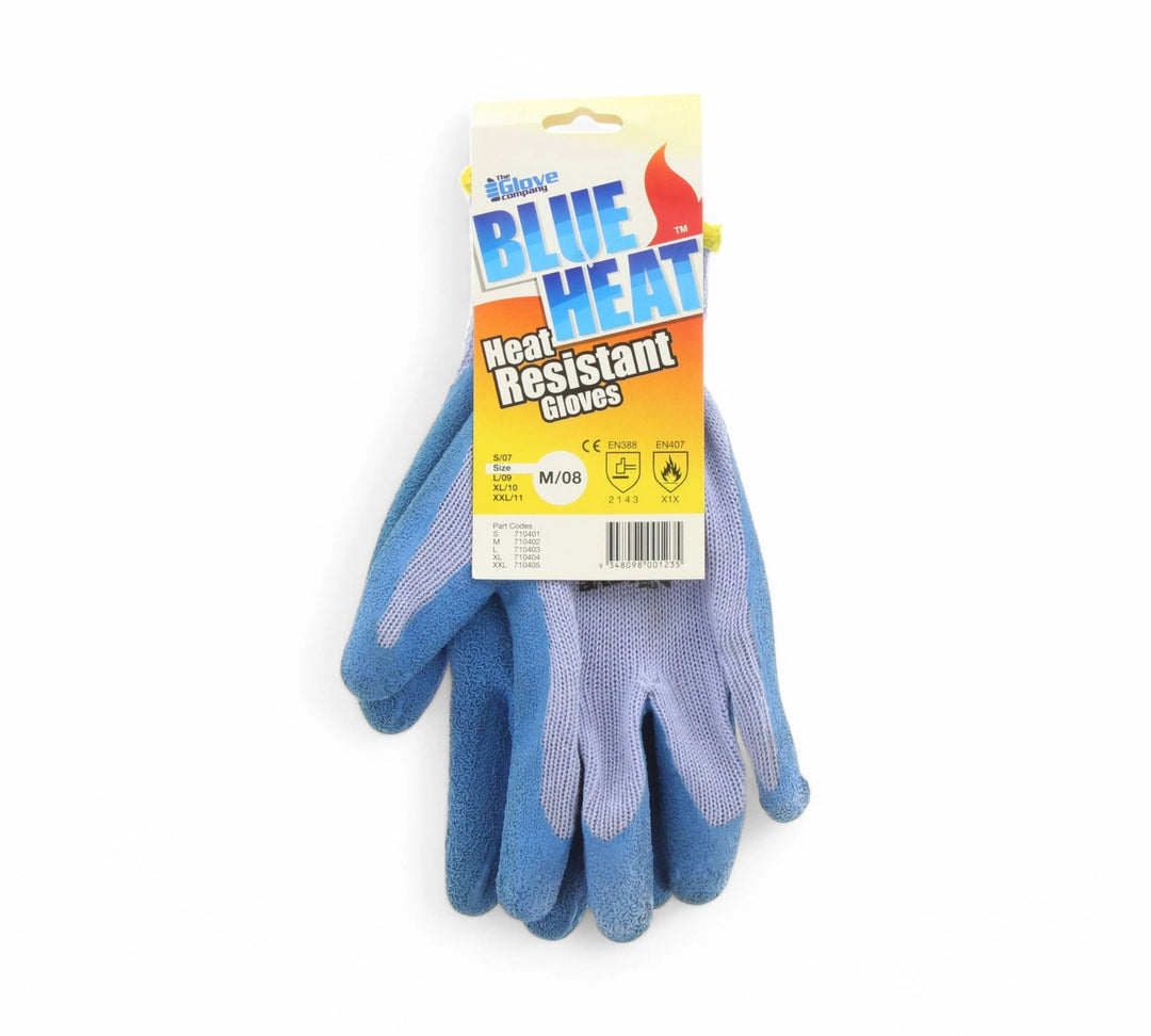 Blue heat resistant gloves shown upright as a pair for safe handling of hot materials in industrial or foodservice use