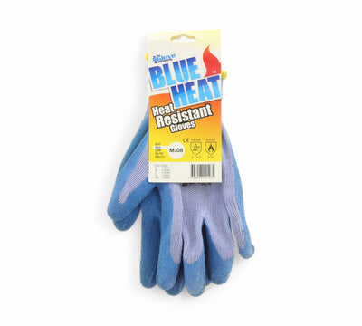 Blue heat resistant gloves shown upright as a pair for safe handling of hot materials in industrial or foodservice use