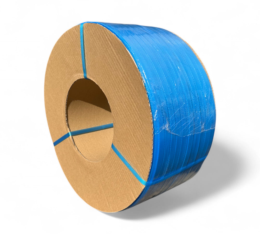 Premium blue poly strap 12mm x 3000m shown for machine strapping or secure bundling of cartons
