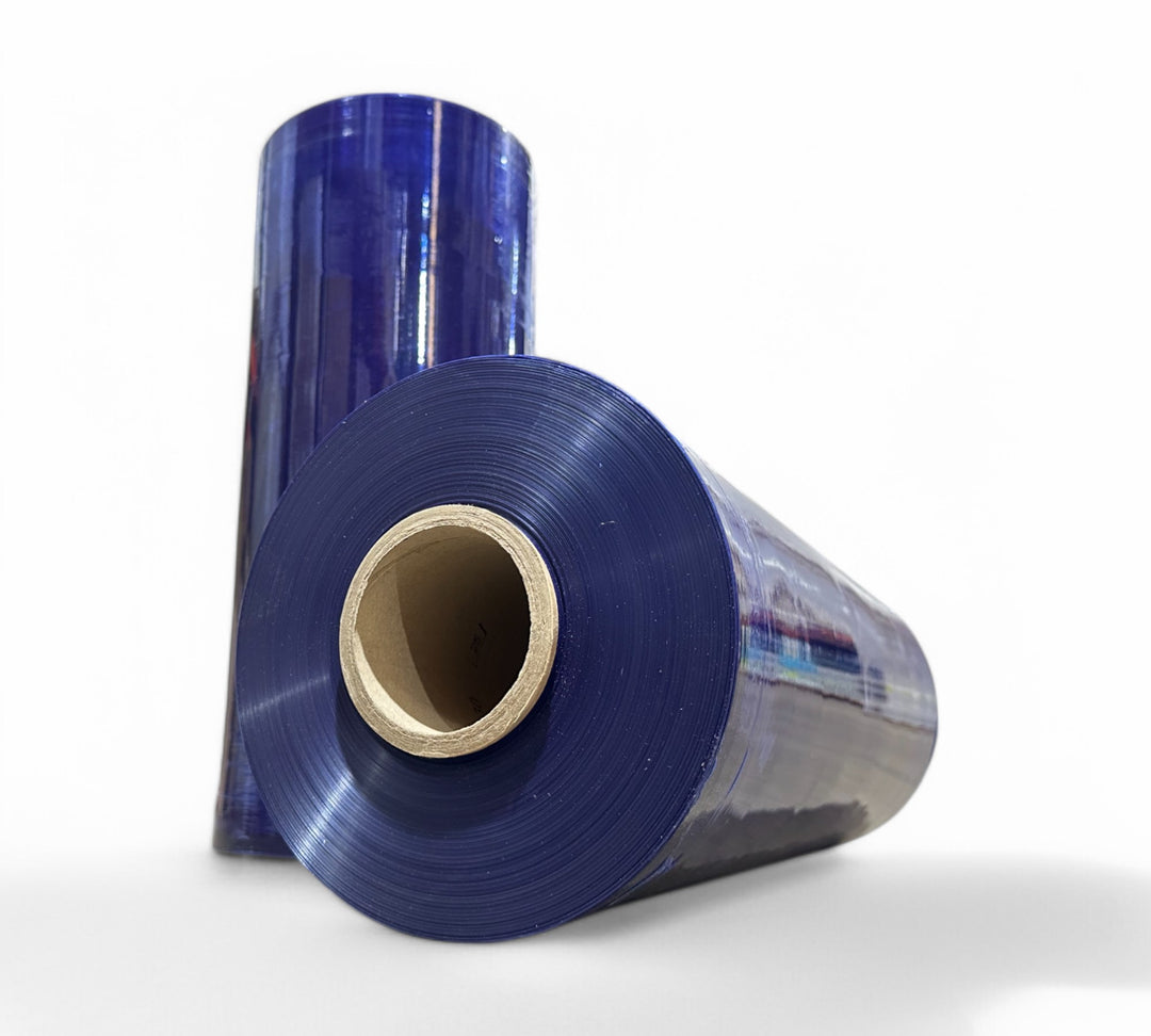 Blue tinted S25 stretch film roll 500mm wide, engineered for superior cling and puncture resistance, shown in upright position  