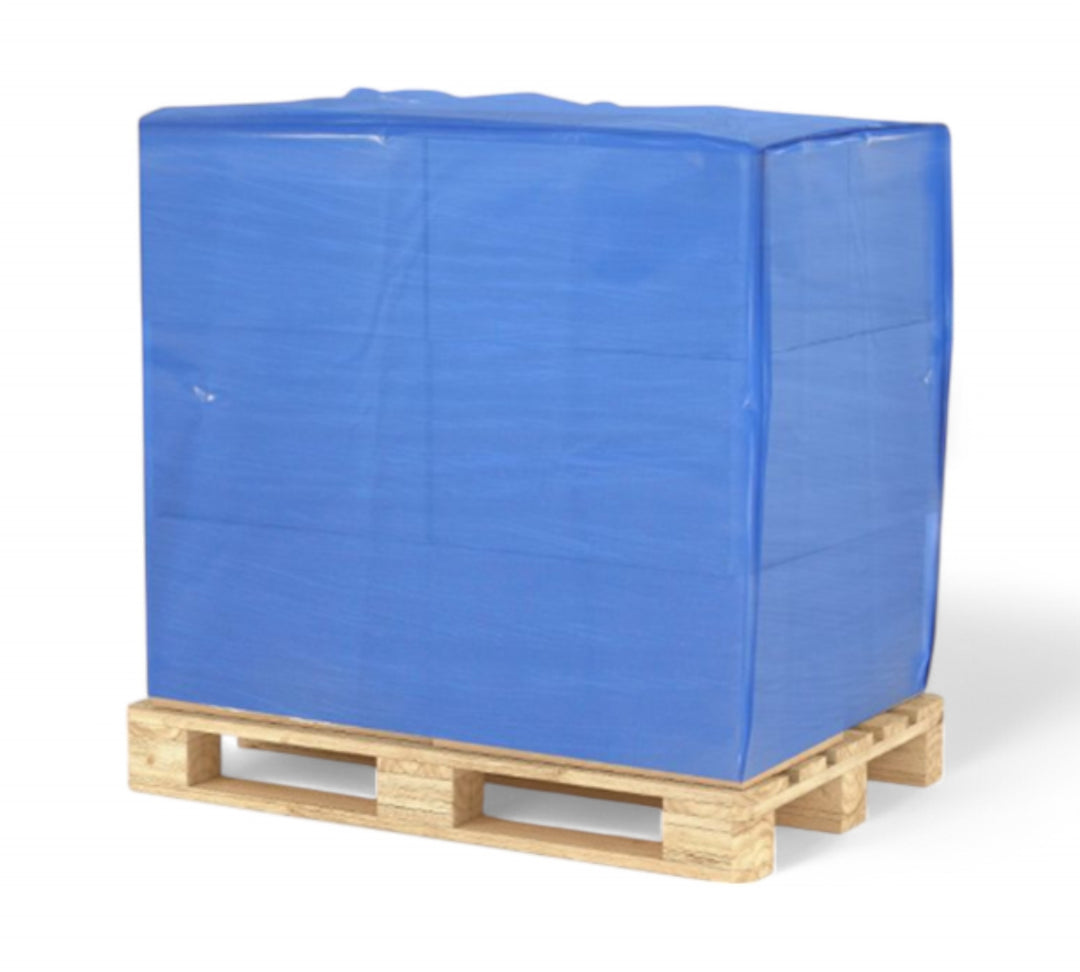 Blue food grade pallet bags 1850 x 1195 x 1245mm x 50um shown in rolls for sanitary packaging in food handling