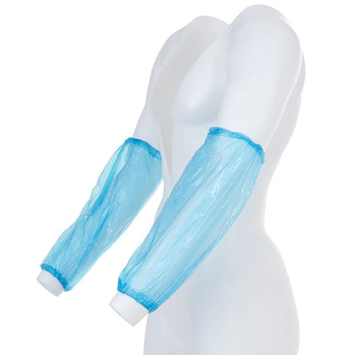 Blue PE sleeve protectors displayed flat with elastic ends for arm protection in food processing or wet environments