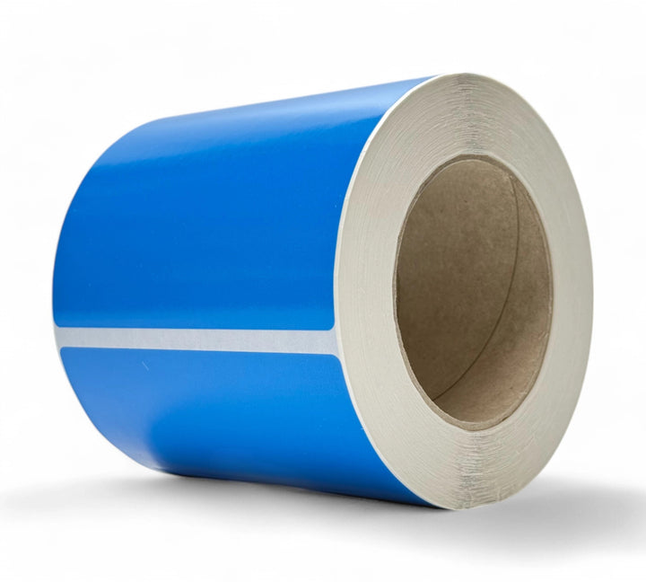 Large 119 x 105mm blue thermal transfer labels rolled for high-visibility barcoding and colour-coded inventory systems