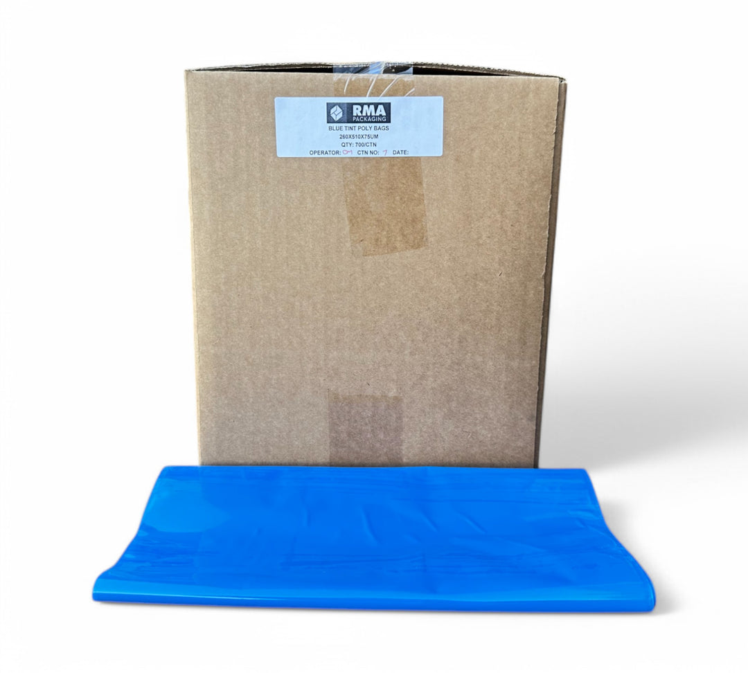 Plastic bags blue tint 260mm x 510mm x 75um shown loose for food grade or industrial parts packing