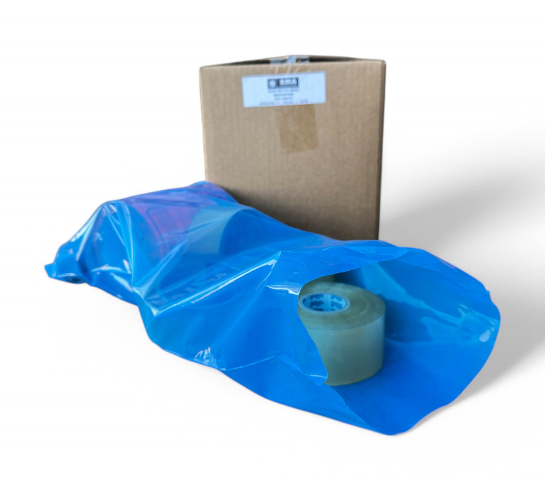 Plastic bags blue tint 260mm x 510mm x 75um displayed stacked for use in export packaging or warehouse storage