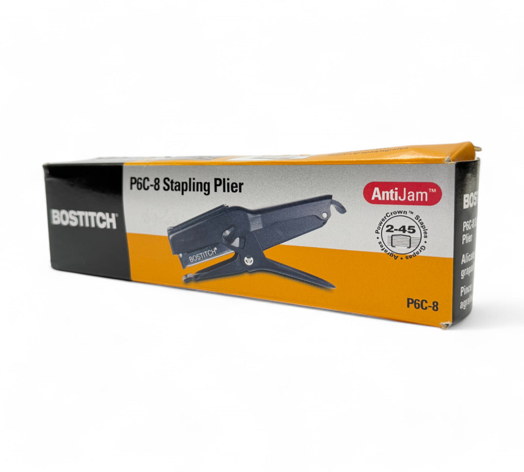 Bostich P6C-8 plier stapler shown side-on with ergonomic grip, ideal for quick manual stapling in packaging and warehouse tasks