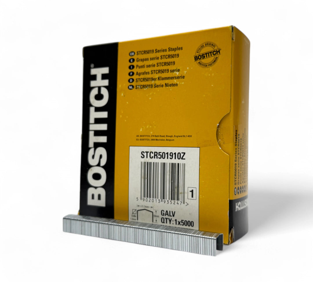 Bostitch STCR5019 staples 9mm displayed in box of 5000 for use in hammer tackers or heavy-duty staplers
