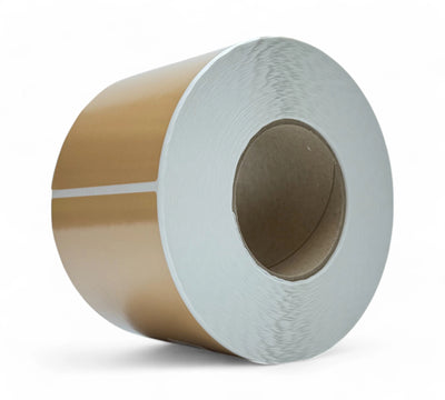 Brown 100 x 100mm freezer-grade thermal labels in rolls of 1000 shown with matte surface and low-temp adhesive