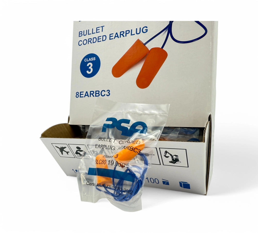 Close-Up of PSA Bullet Corded Earplugs 8EARBC3 |  Class 3 Hearing Protection, Individually Wrapped |  100 Pairs per Box for Construction & Industrial Noise Safety