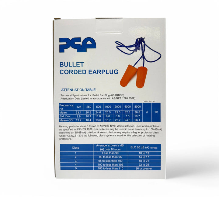 Back View of PSA Bullet Corded Earplugs 8EARBC3 |  Class 3 Hearing Protection with Attenuation Table and AS/NZS 1270:2002 Compliance Specs