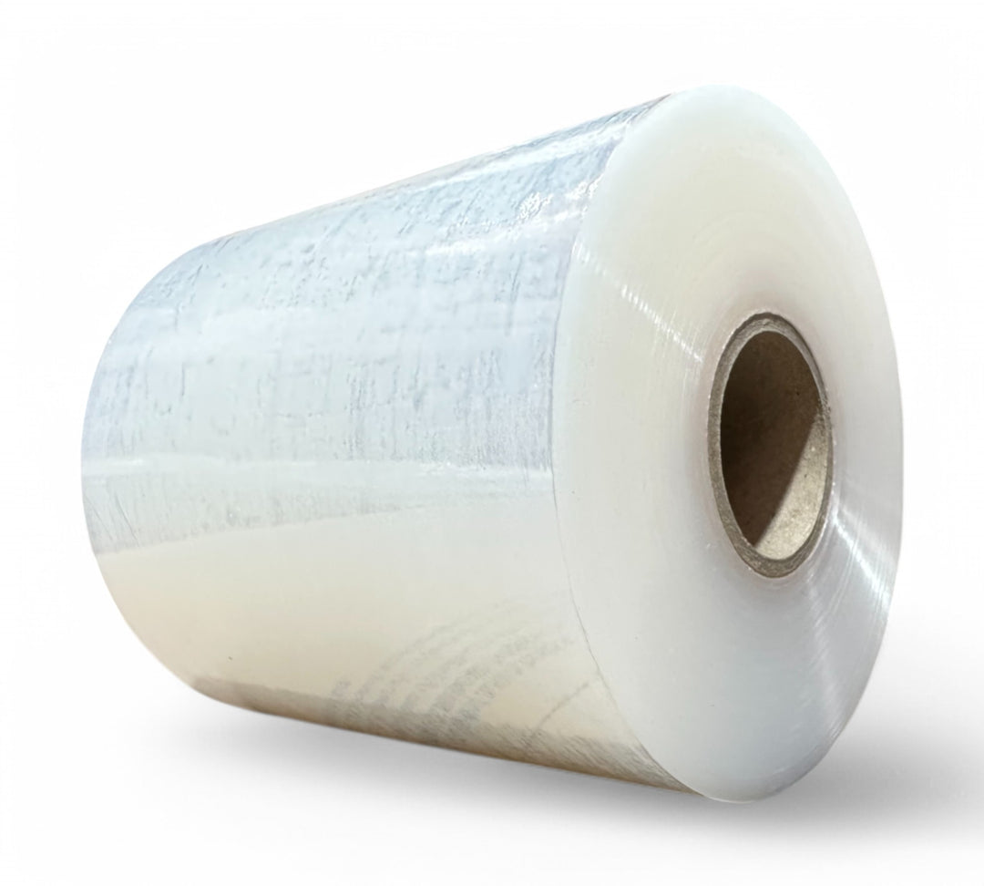 125mm x 500m clear bundling film roll for securing small loads, irregular items, and tight pallet wrapping
