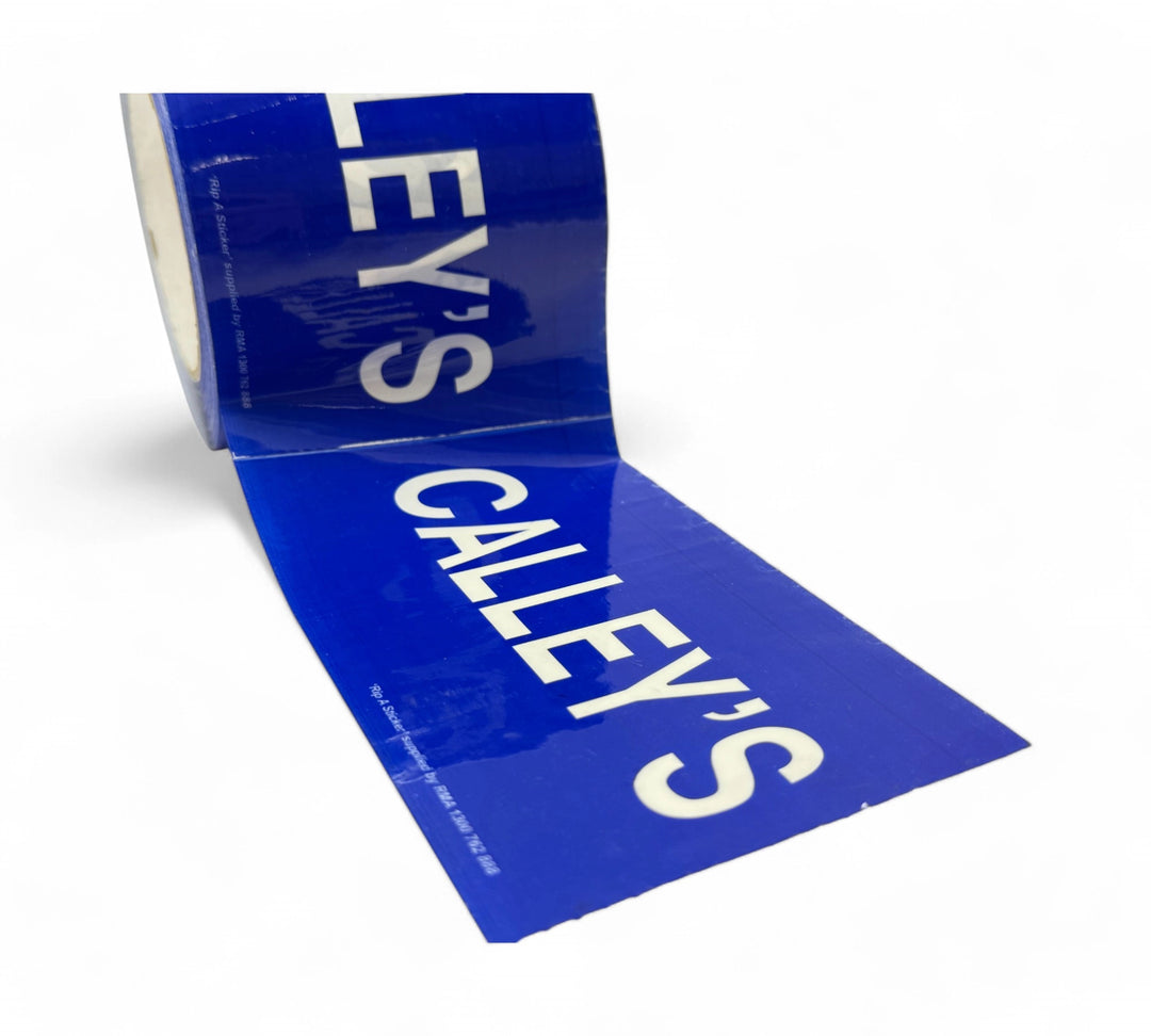 Roll of blue CALLEYS' Rip A Stickers laid flat with bold white text, unrolling toward the viewer for clear readability