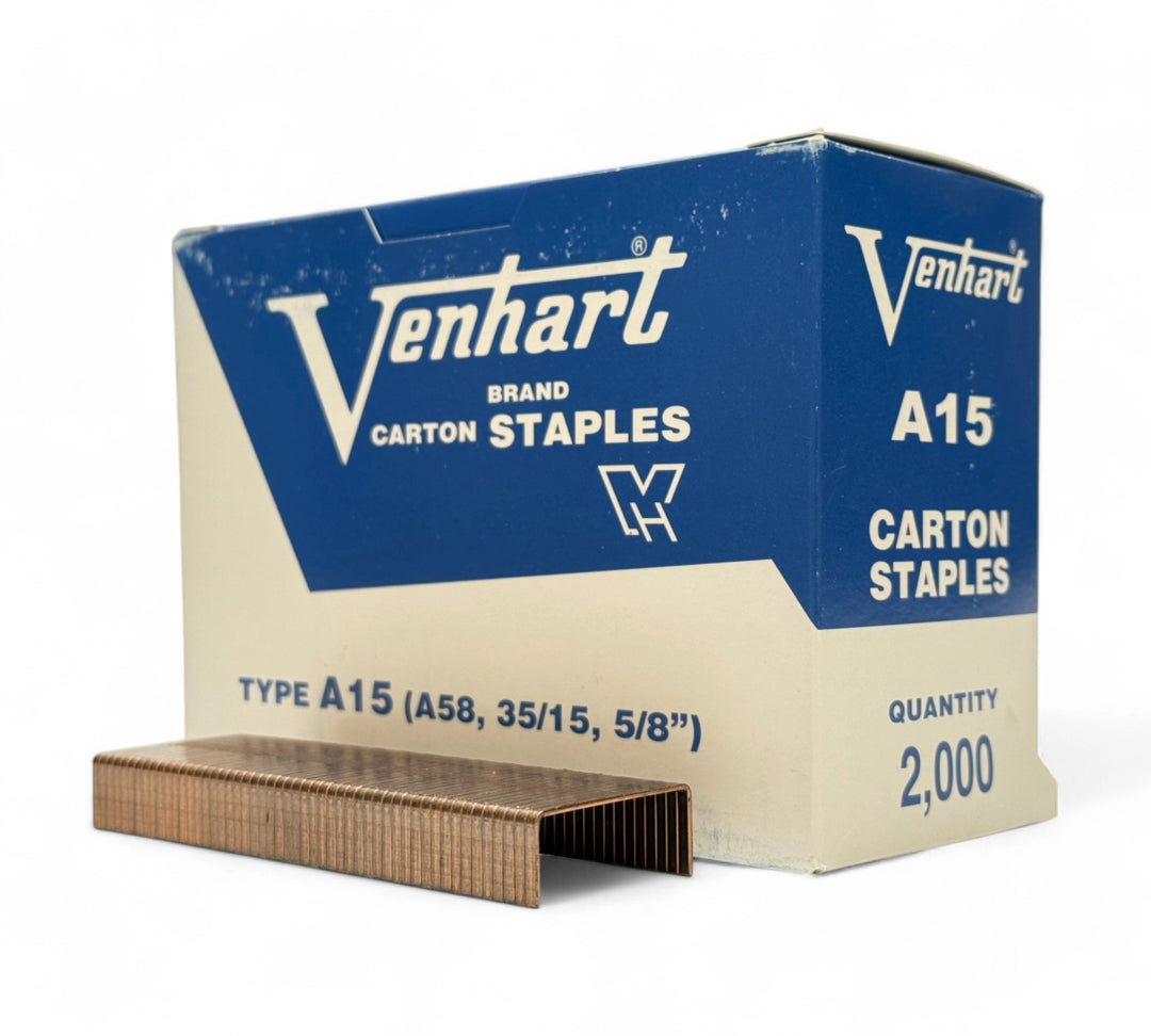 15mm carton staples shown in compact box for use in industrial carton sealing and packaging guns