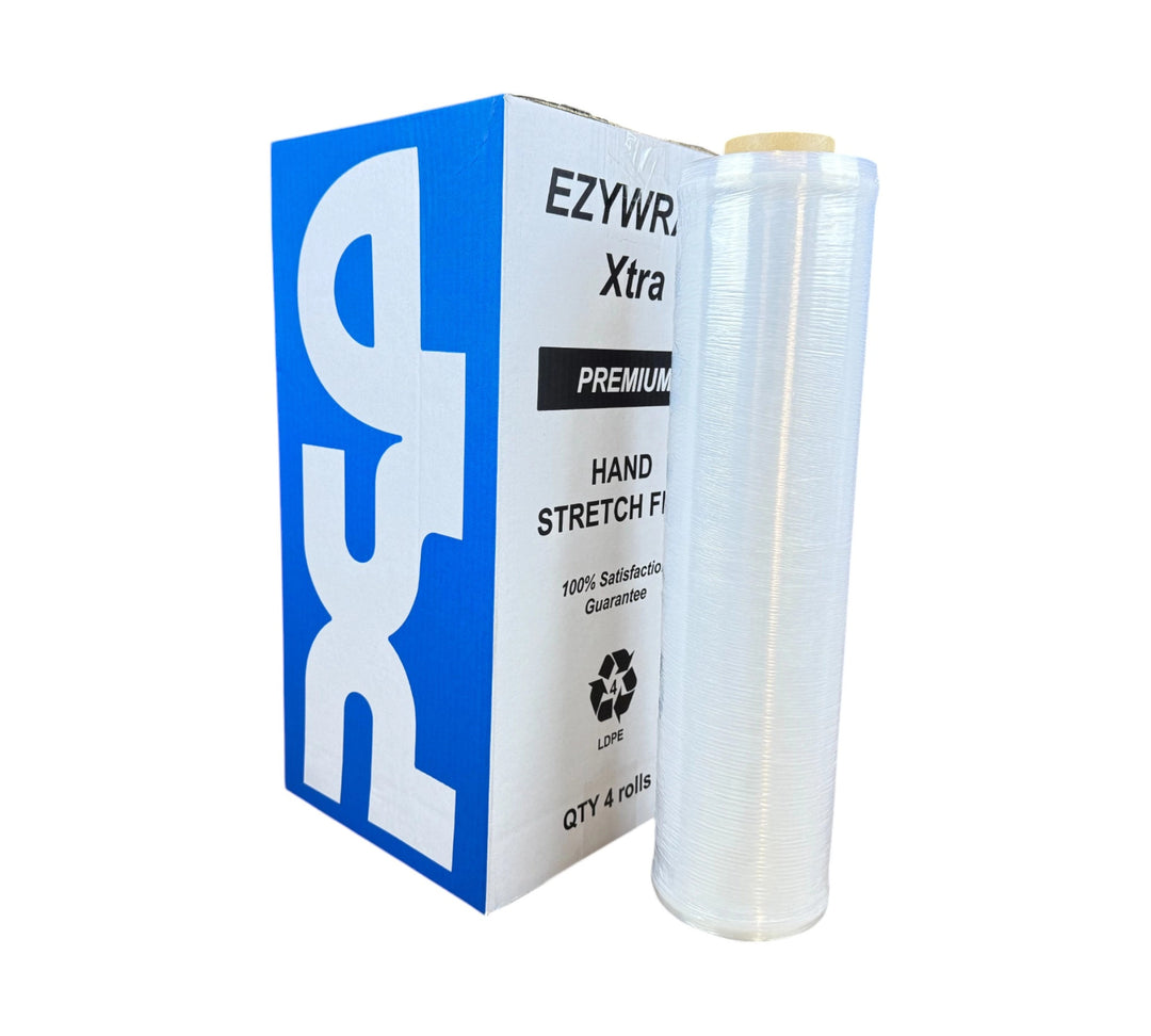 450mm x 400m Ezywrap Xtra Premium hand stretch film with high clarity and strength, 4 per carton, 160 per pallet