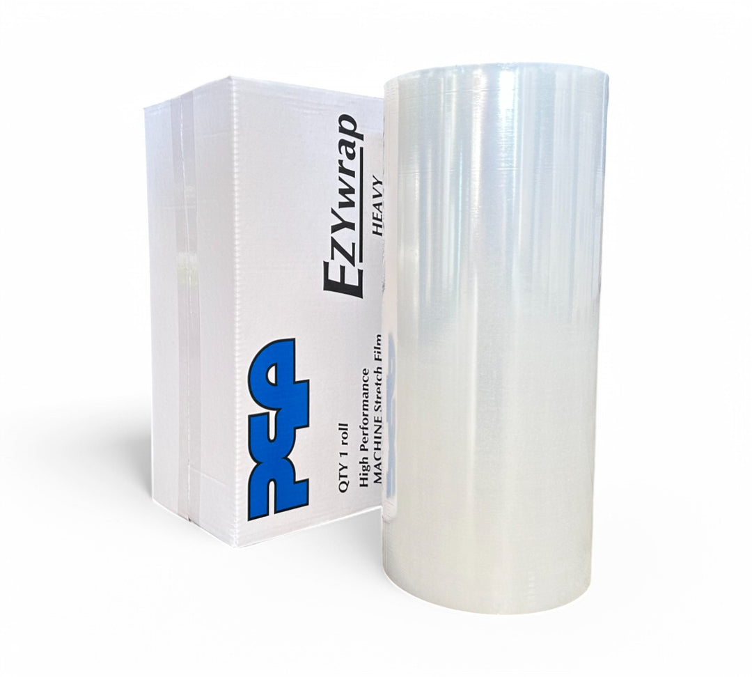 Heavy-duty 500mm x 2000m machine stretch film roll positioned upright, showcasing premium performance and reliable stretch capacity  