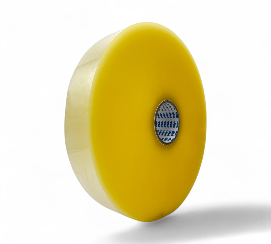 Clear 48mm x 1000m heavy-duty machine tape rolls shown for high-volume automated packaging systems