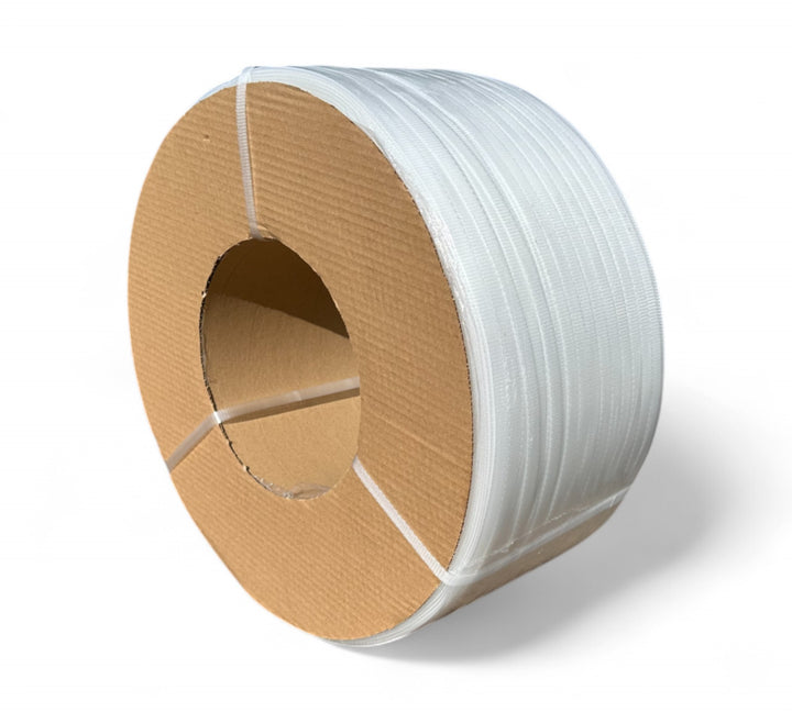 Premium clear poly strap 9mm x 4000m displayed for high-speed strapping of lightweight boxes or parcels