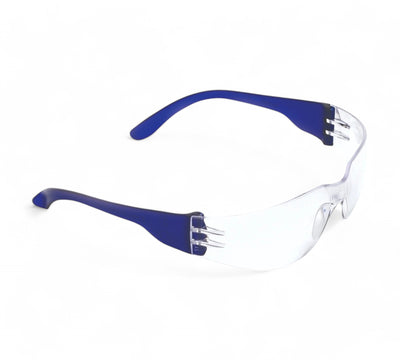 Clear safety glasses shown front view with wraparound arms and anti-fog lenses for warehouse or site use
