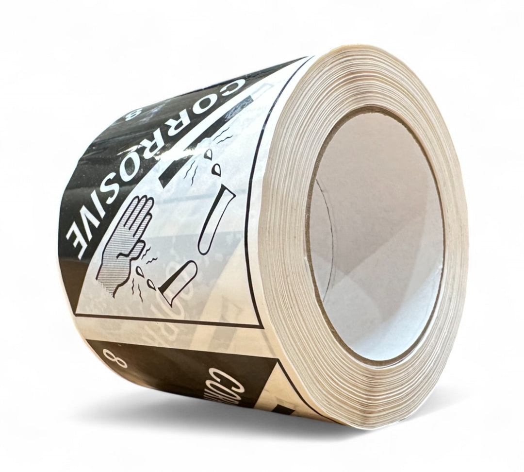 Corrosive 8 Rip A Label 96 x 100mm x 50m black on white displayed in roll for DG compliance on chemical containers
