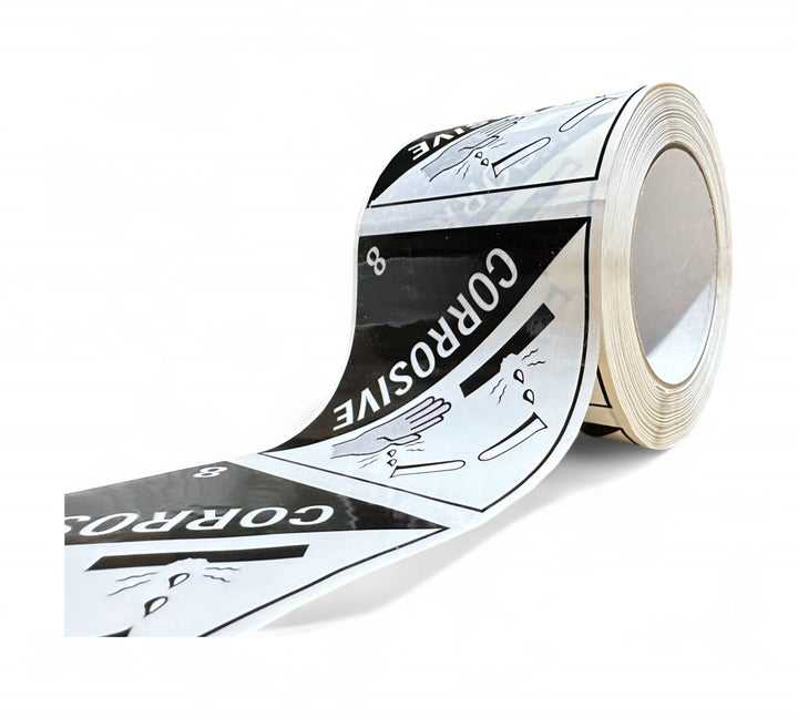 Corrosive 8 Rip A Label 96 x 100mm x 50m black on white shown bold for visible labelling in storage and transport
