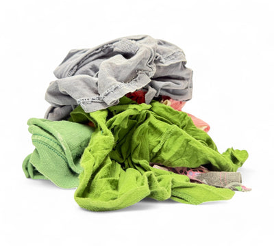 Cotton coloured t-shirt rags 10kg shown compressed for general-purpose wiping and workshop cleanup