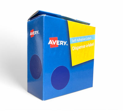 Avery dots dark blue 24mm displayed in dispenser roll for colour coding stock inventory or documents