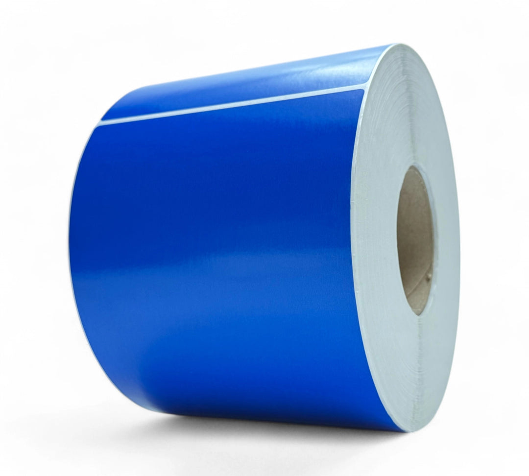 Dark blue 150 x 200mm matte thermal transfer labels displayed in wide rolls for professional and durable labelling