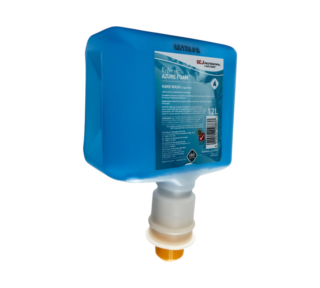 Deb Azure foam wash 1.2L touch free shown in refill format for automated dispensers in washrooms or kitchens