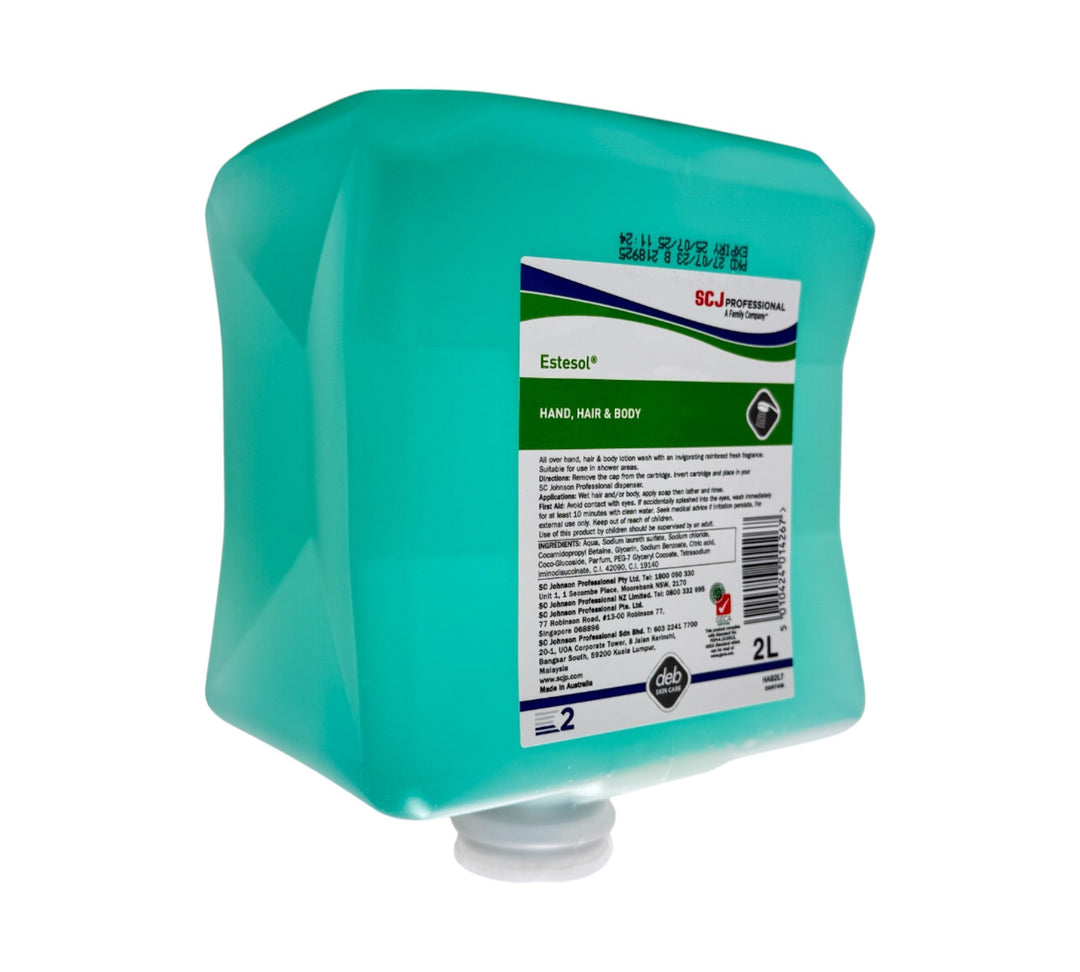 Deb hair and body wash 2L shown for dual-purpose cleansing in gym, hotel, or workplace showers