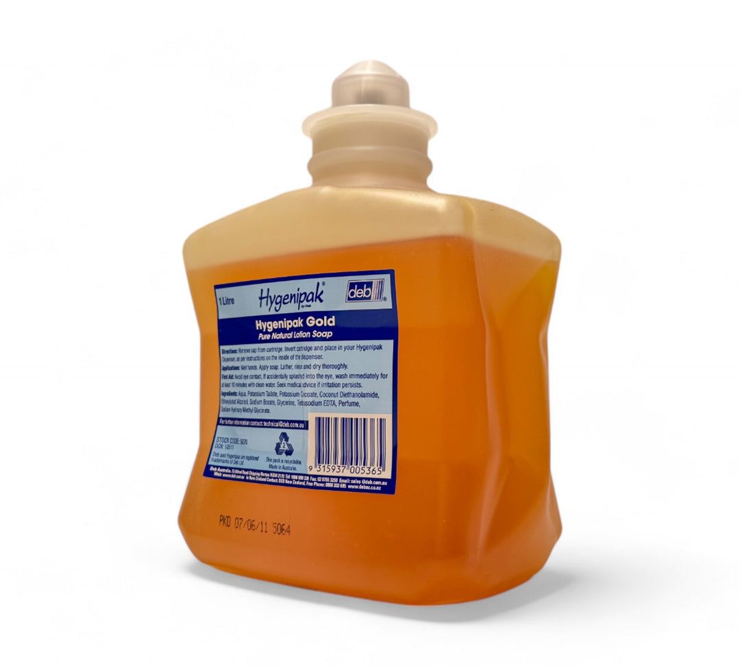 Deb Hygenipak Gold hand cleaner 1L shown for skin-safe industrial hand cleaning with high degreasing power