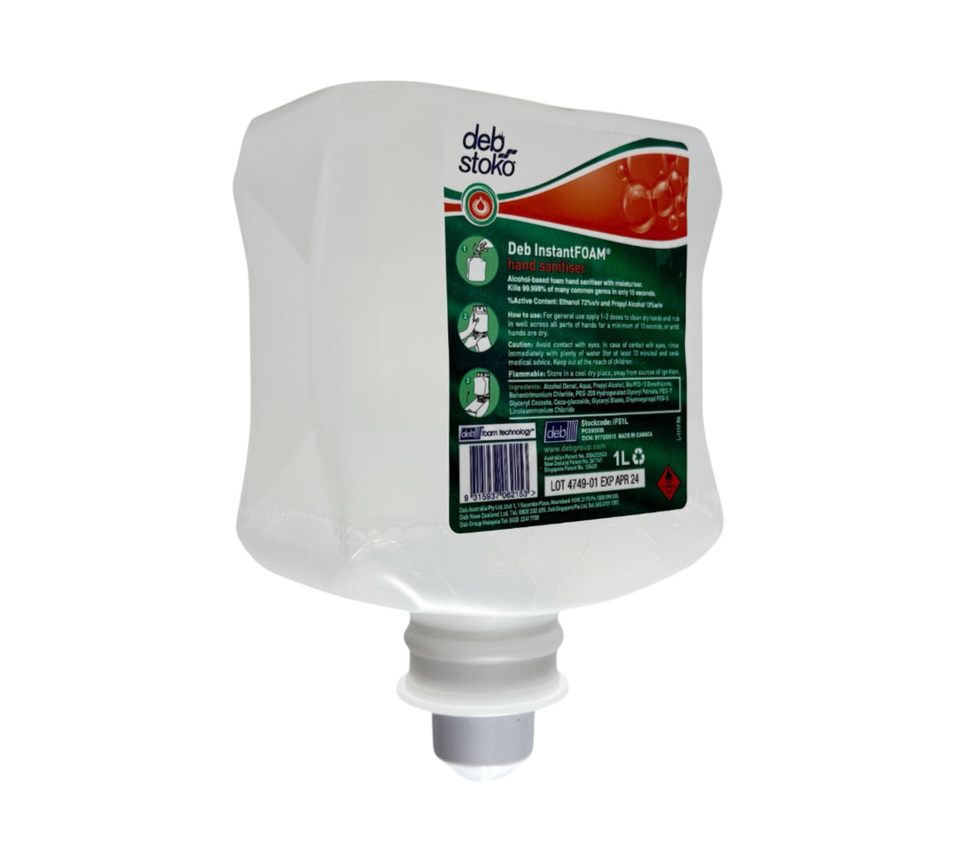 Deb Instant Foam hand sanitiser 1L displayed for bulk dispensing in commercial or industrial hygiene stations