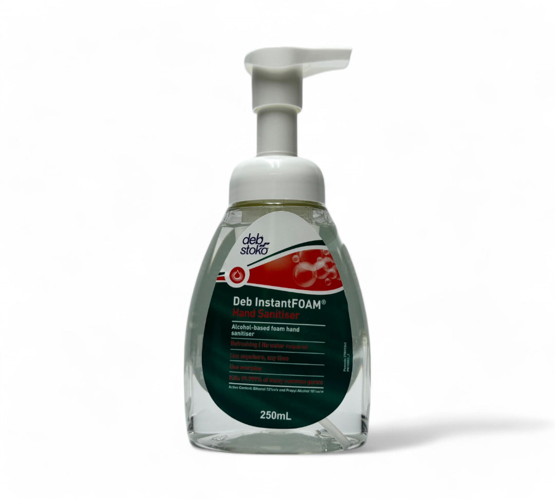 Deb Instant Foam hand sanitiser 250ml pump shown for portable hygiene in offices, healthcare or retail settings