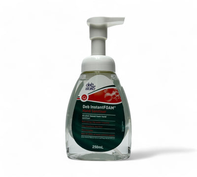 Deb Instant Foam hand sanitiser 250ml pump shown for portable hygiene in offices, healthcare or retail settings