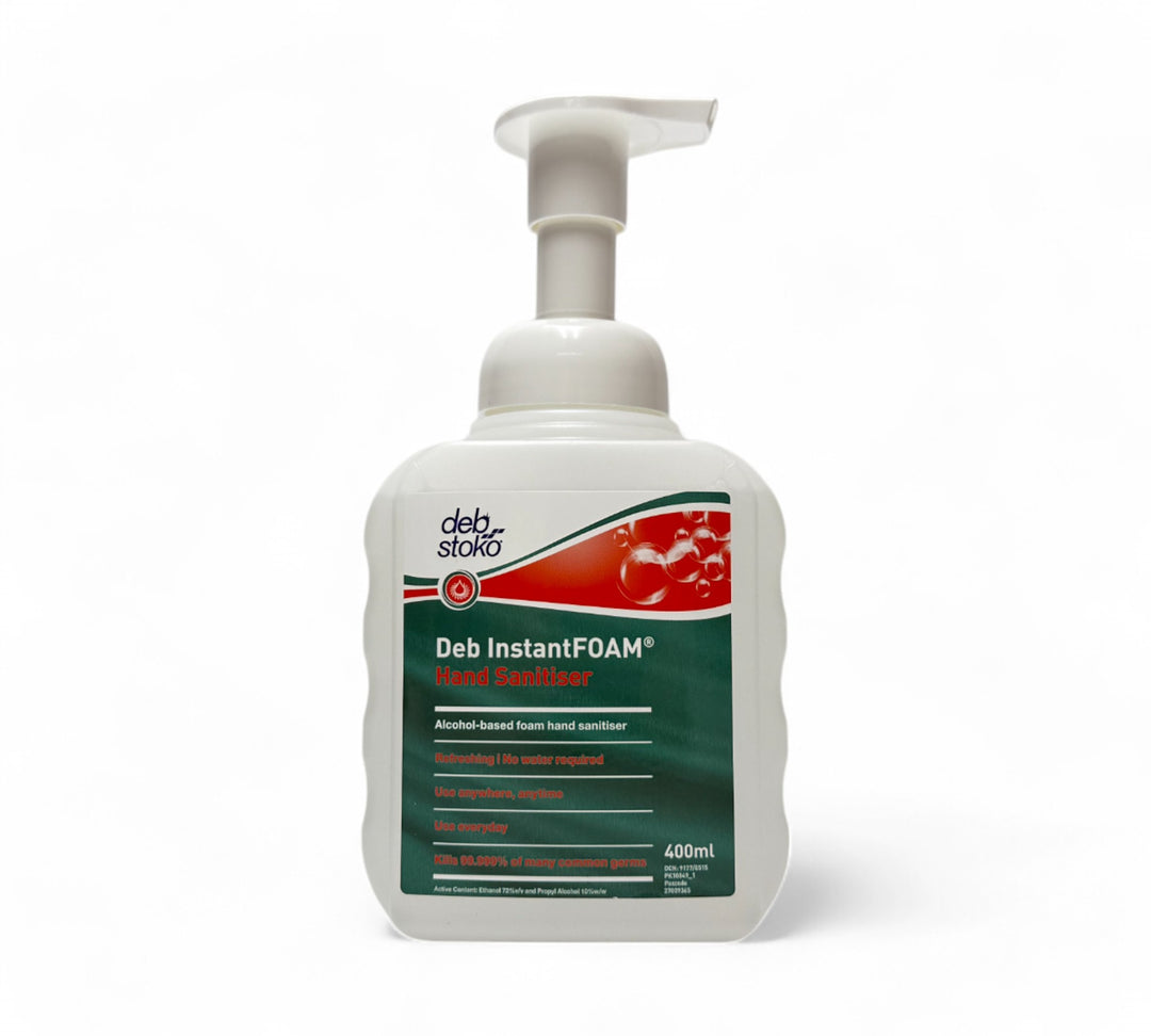 Deb Instant Foam hand sanitiser 400ml pump displayed for quick sanitisation in public spaces or receptions