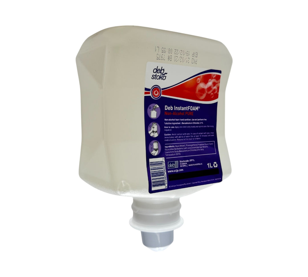 Deb Instant Foam Pure sanitiser displayed in pump bottles for alcohol-based hand disinfection without residue