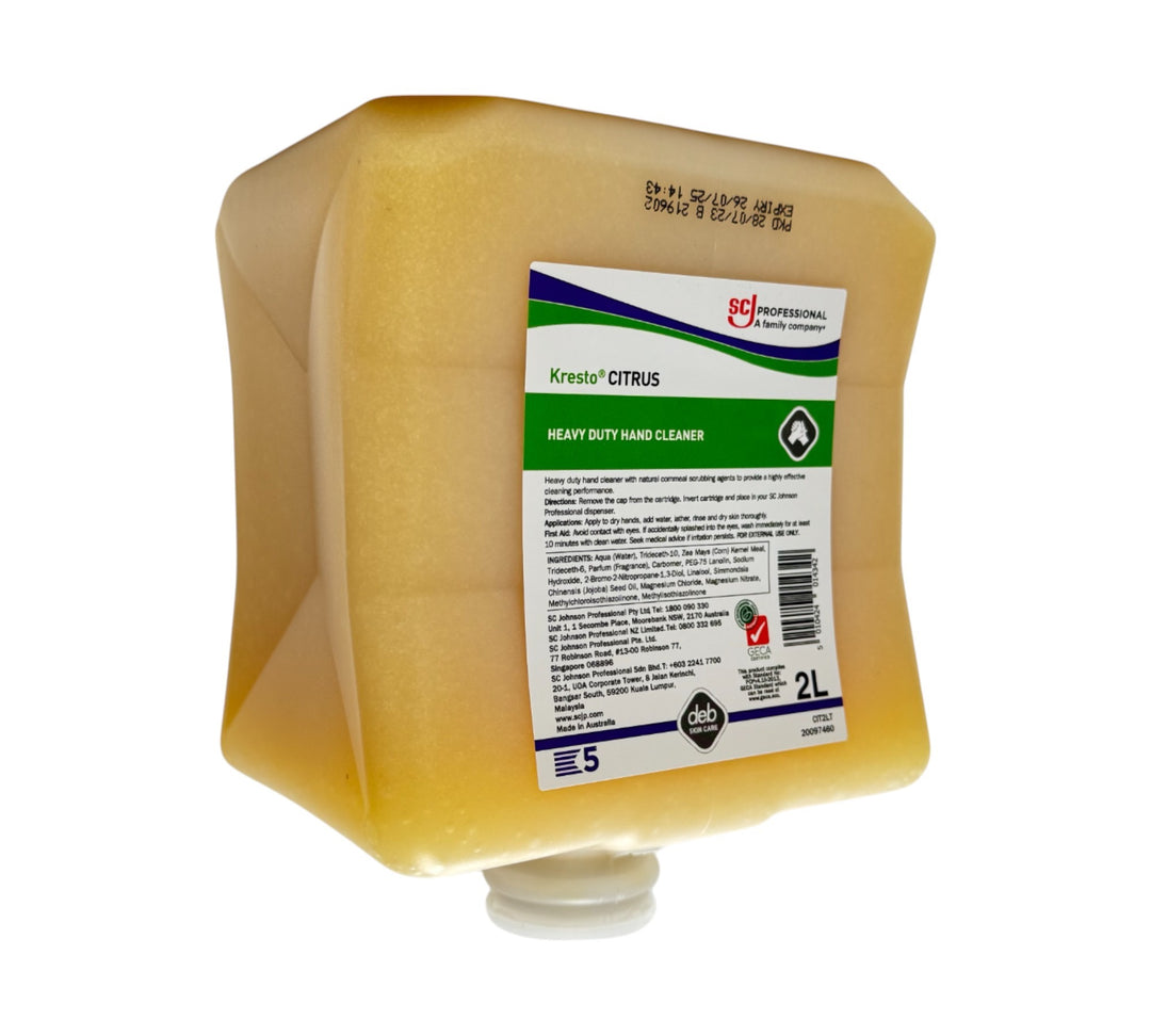 Deb Kresto Citrus heavy duty hand cleaner 2L displayed with citrus formula for effective dirt and oil removal