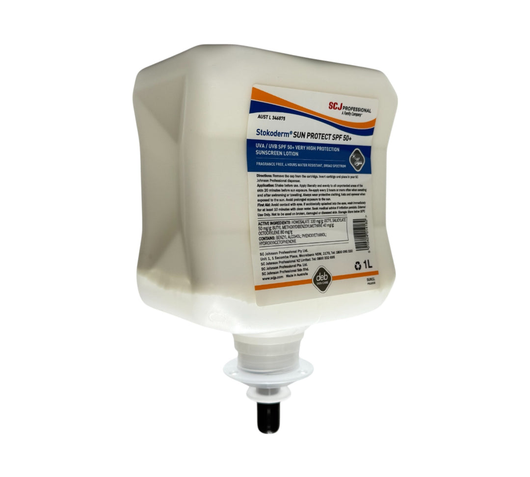 Deb Sun Protect SPF50+ sunscreen 1L bottle displayed for high protection against UV exposure in outdoor work environments