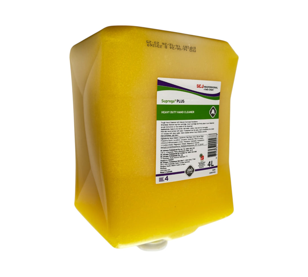 Deb Suprega Plus hand cleaner shown in bottles for industrial grease and dirt removal from hands