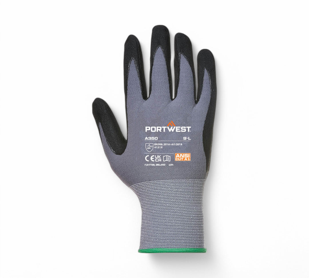 A350 Dermiflex gloves displayed as a black nitrile-coated pair for excellent grip and abrasion resistance in light industrial tasks