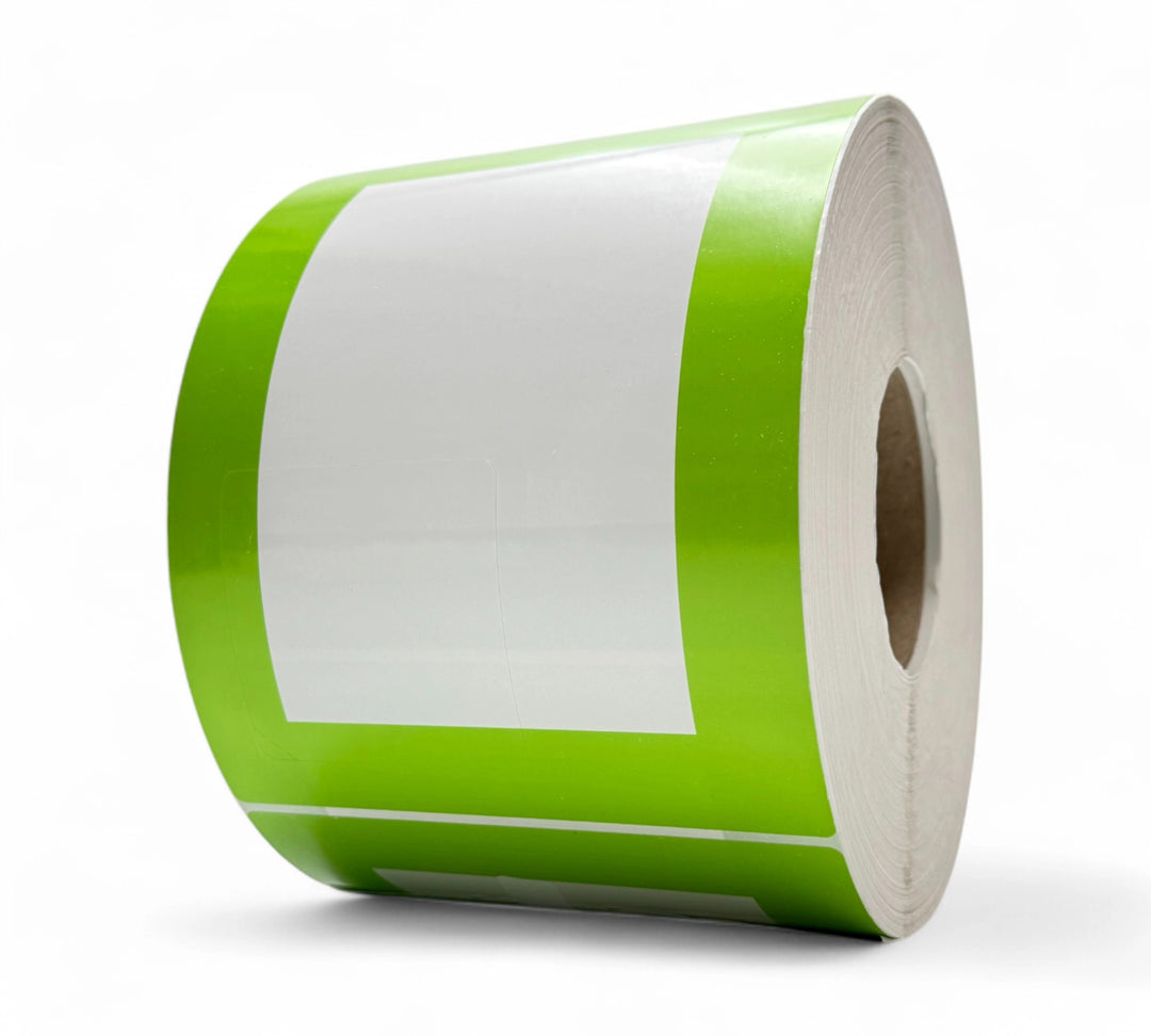 Die cut thermal transfer gloss label 150 x 200mm with fluro green border shown in stacks for high-contrast product identification