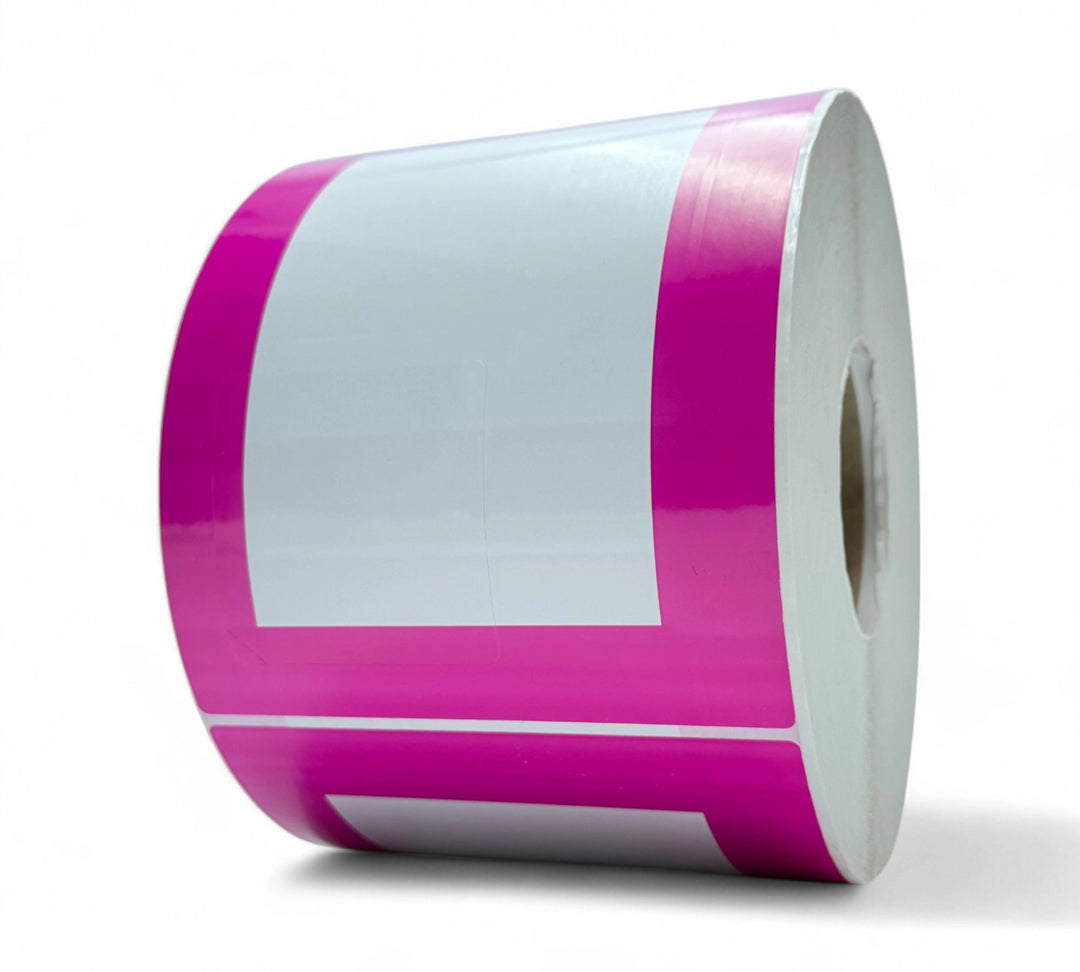 Gloss 150 x 200mm die-cut thermal transfer label with fluro pink rhodomine red border designed for warning signage