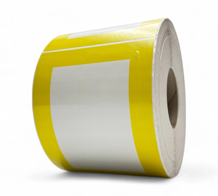 Gloss 150 x 200mm thermal transfer label with fluro yellow border shown for safety tagging and standout labelling
