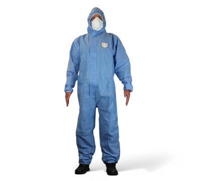 Disposable blue coveralls 2XL displayed folded for protective single-use wear in industrial or cleanroom settings