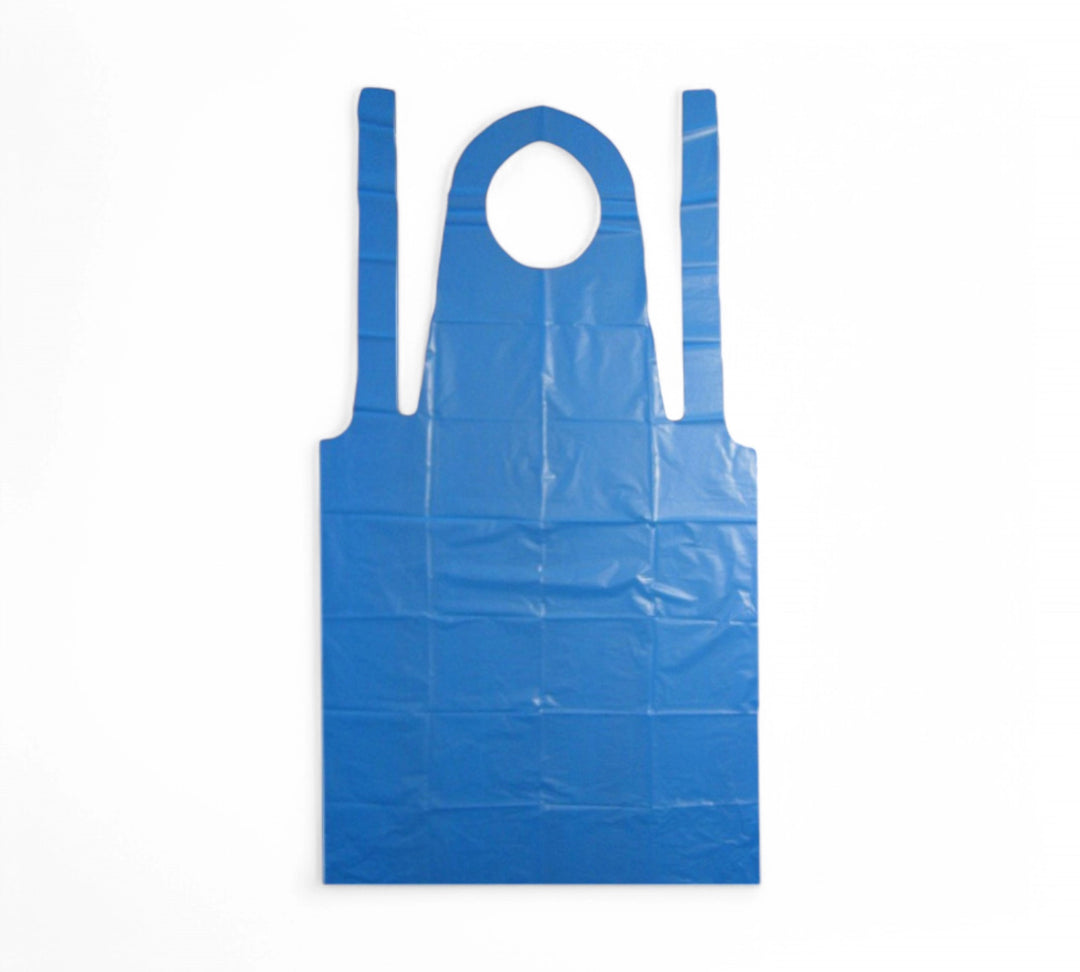 Disposable PE blue aprons 810mm x 1450mm shown flat for waterproof protection in foodservice and lab environments