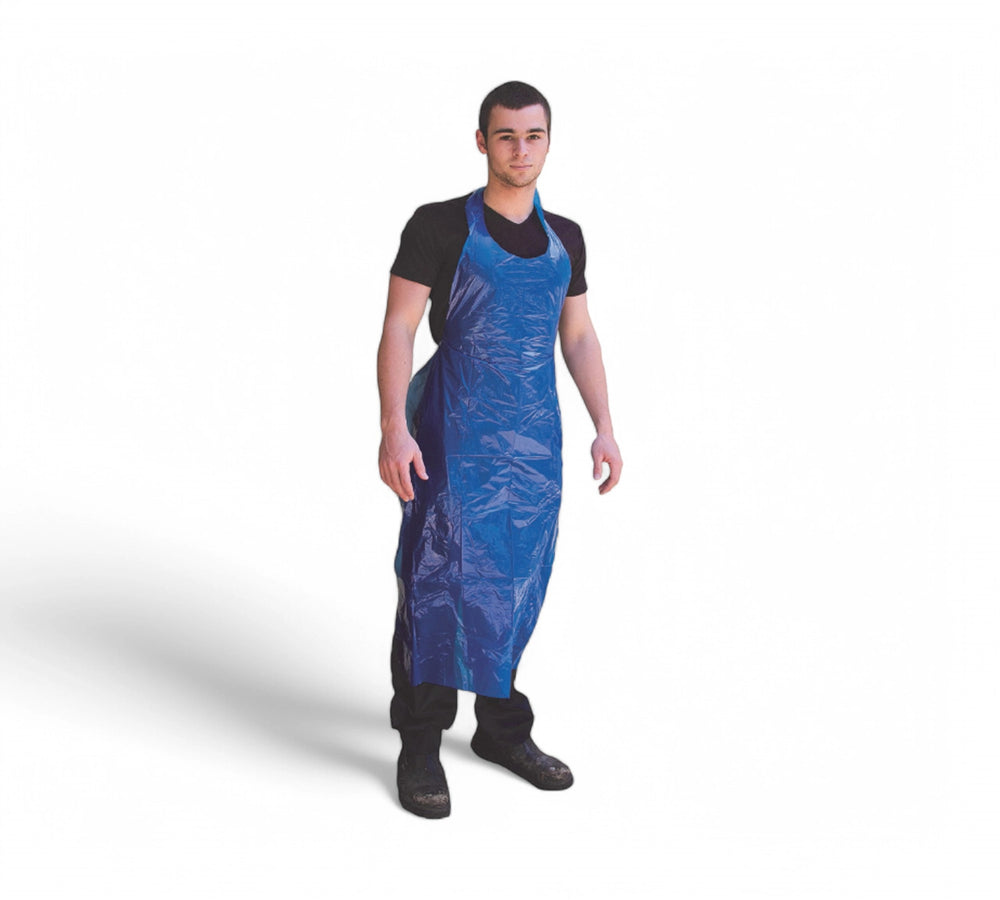 Disposable PE blue aprons 810mm x 1450mm displayed stacked for bulk use in hygienic or processing zones