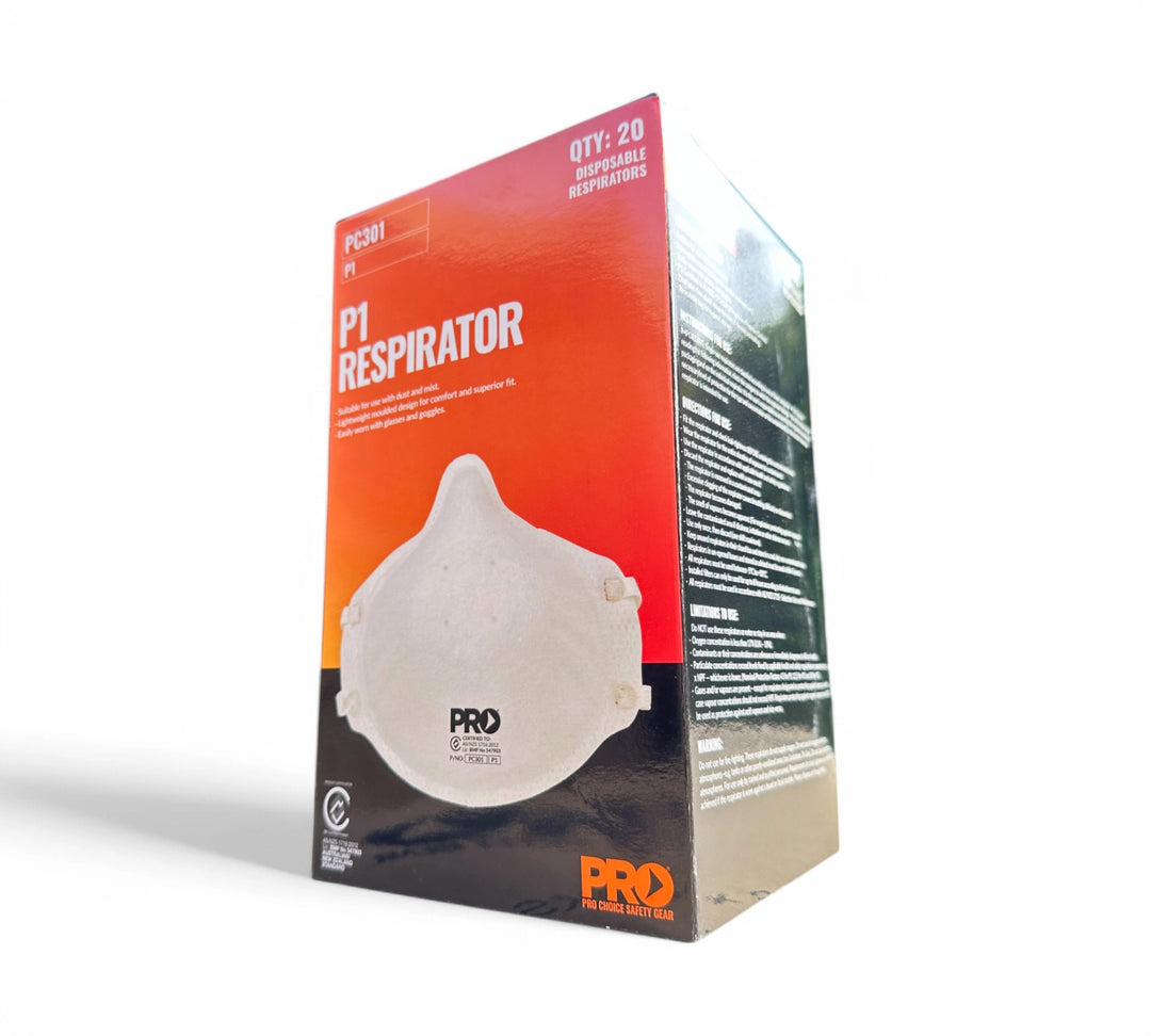 Dust mask P1 shown cupped with elastic straps for basic protection against non-toxic dust and particles