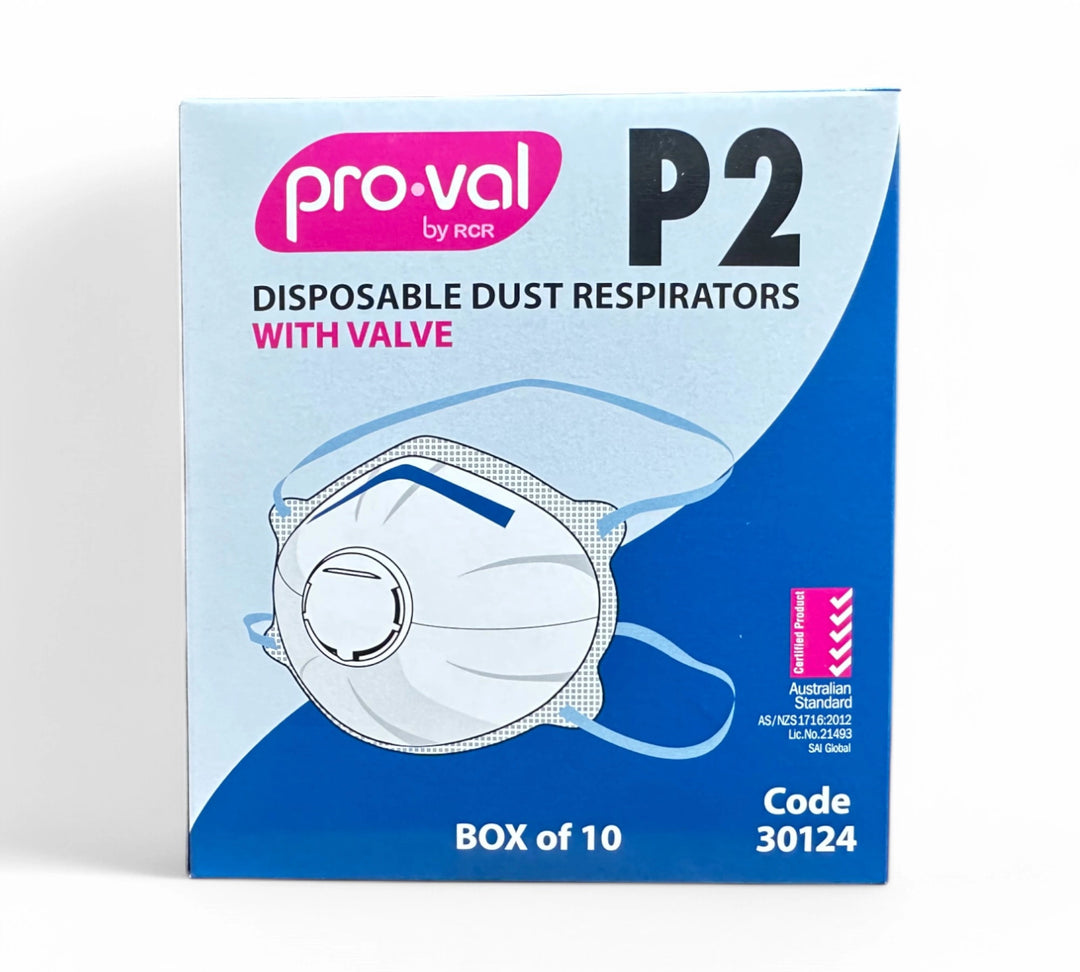 Dust mask P2 with valve 10 pack displayed with exhalation valve for comfort and protection against fine particles and mist
