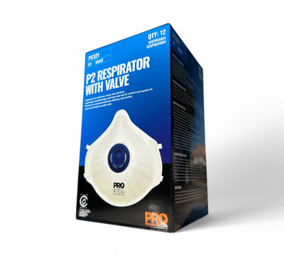 Dust mask P2 with valve 12 pack shown with molded shape and nose clip for extended wear in construction or manufacturing
